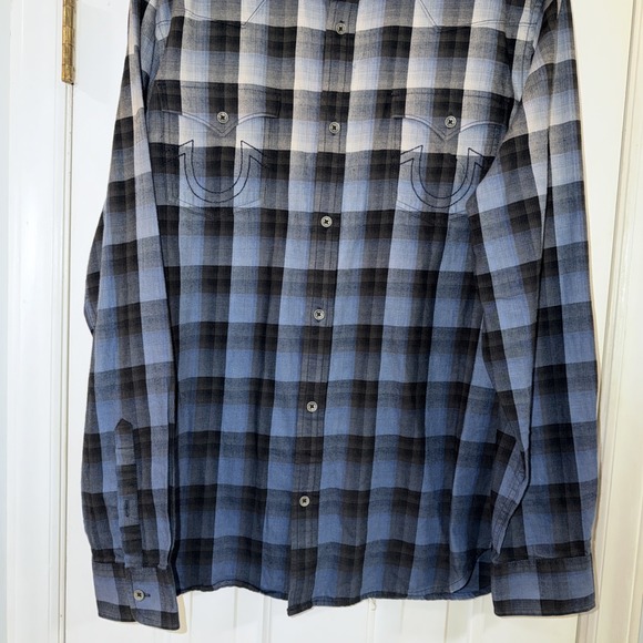 True Religion Shirt Mens XL Plaid Button Up Long Sleeve Embroidered Slim - Picture 3 of 13